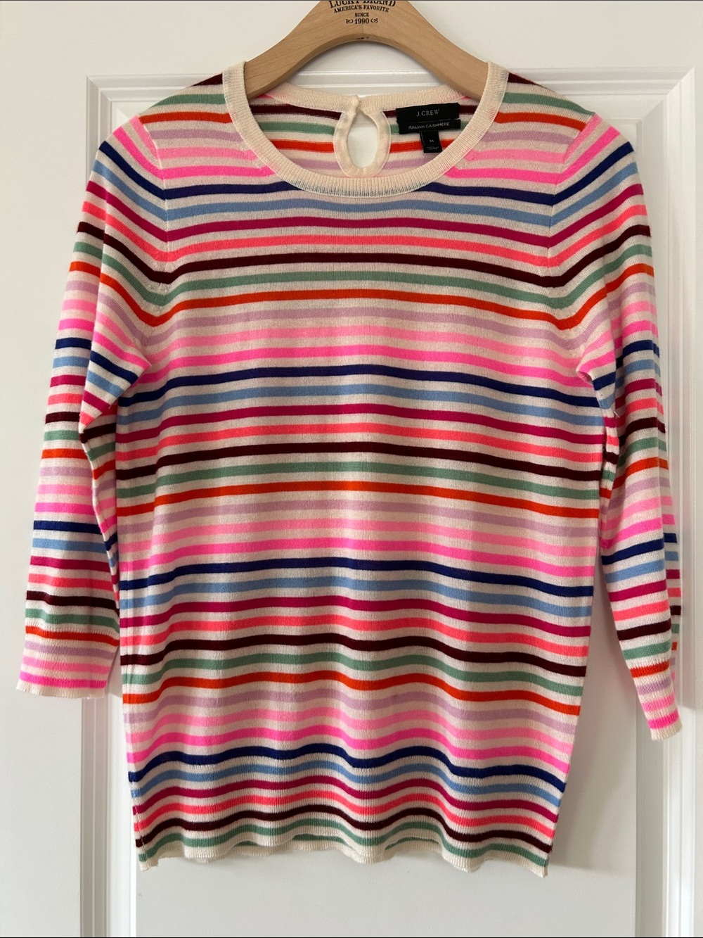 J Crew Italian Cashmere Striped Crew Neck Sweater Sz M w MEASUREMENTS